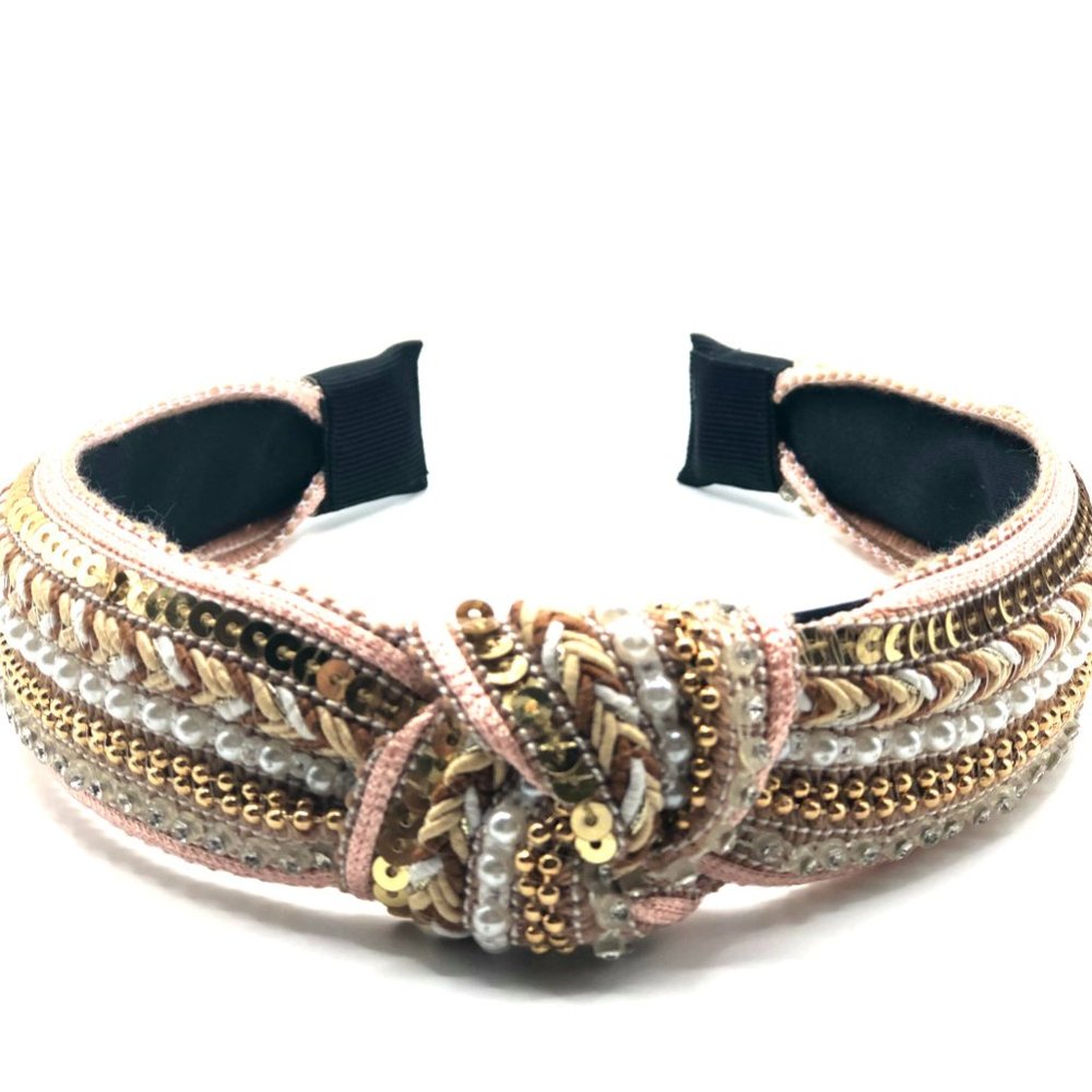 Pink Beaded Headband Crystal Pearl Knot Headbands Bohemian Headband for Women